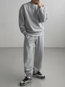 DAZY Autumn/Winter Thermal Lined Gray Floral Crew Neck Long Sleeve Ribbed Cuff & Hem Sweatshirt With Elastic Waist & Cuffed Jogger Pants Korean Style Men's Pullover Set - Grey - View 5