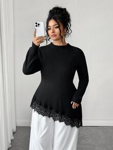Elenzga Áo len chui đầu ôm dáng cổ tròn màu đen, tay dài, gấu không đối xứng, phối ren, xẻ tà, tôn dáng - màu đen - Xem 4