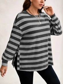 SHEIN LUNE Plus Size Women's Autumn/Winter Striped Print Loose Crew Neck Long Fall - Multicolor - View 6