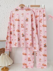 Tween Girls Single-Breasted Pattern Print Loungewear - Pink - View 2