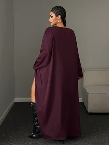 Maweii Design Drape Neck One Side Zipper Split Long Sleeve Loose Fit Long Sweatshirt - Burgundy - View 2