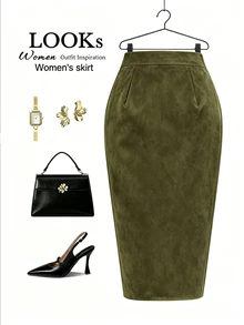 SHEIN Franclia Women's Autumn/Winter Fashion Asymmetrical Hem Pleated Slit Skirt - Dark Green - View 2