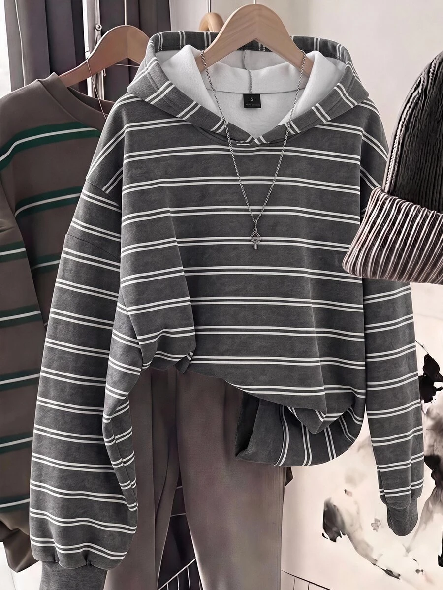 SHEIN EZwear 女款秋季新款條紋休閒學院風百搭日常長袖連帽衛衣 秋冬款 適合校園音樂節 灰色 - 彩色 - 查看 1