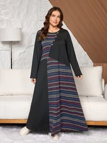 Lacomfia Plus Size Women Loose Casual A-Line Round Neck Long Sleeve Patchwork Floral Print Autumn Long Dress - Black - View 6