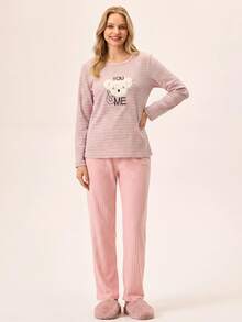 Loomlin 2pcs Contrast Colour Striped With Cute Koala Embroidery Detail PJ Set - Multicolor - View 5