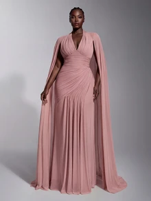 Elitara Plus Size New Elegant Glamorous Pink Mesh V-Neck Flutter Sleeve Ruched Decor Fitted Bodycon Mermaid Hem Long Evening Gown Dress For Wedding Events And All Formal Occasions - Dusty Pink - View 4