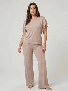 Dazy Plus 2pcs Solid Color Casual Long Pants Homewear Pink Pajama Set - Pink - View 5
