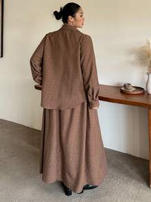 Dazy Plus Spring & Autumn New Casual Style Shirt & A-Line Skirt 2pcs Set - Brown - View 2