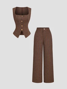Sweetra Vintage Plaid Square Neck Vest & Wide Leg Pants Set, Retro Brown Small Check Pattern, Crisp Elegant Sleeveless Vest With Exquisite Metal Button Accents, Sophisticated Versatile Outfit For Daily Commute, Date And Outing - Mocha Brown - View 1
