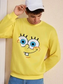 SpongeBob SquarePants | SHEIN Men's Cartoon Pattern Print Crew Neck Pullover Sweatshirt - Yellow - View 6