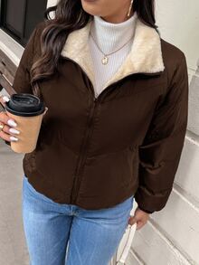 SHEIN Frenchy 大尺碼女款保暖內裡休閒百搭連帽填充外套 冬季 - 咖啡棕 - 查看 2
