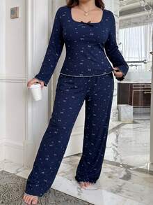 Dazy Plus Bow Print Square Neck Slim Fit Long Sleeve T-Shirt & Straight Leg Long Pajama Pants 2pcs Set Sleepwear - Royal Blue - View 3