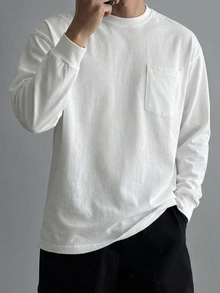 DAZY Men's Long Sleeve Thin Spring Autumn Grey T-Shirt With Cuffed Sleeves And Chest Pocket Design - White - View 7