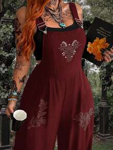 Whyspr Plus Size Wide Leg Floral Print Jumpsuit With Straps, Spring/Summer - Burgundy - View 1