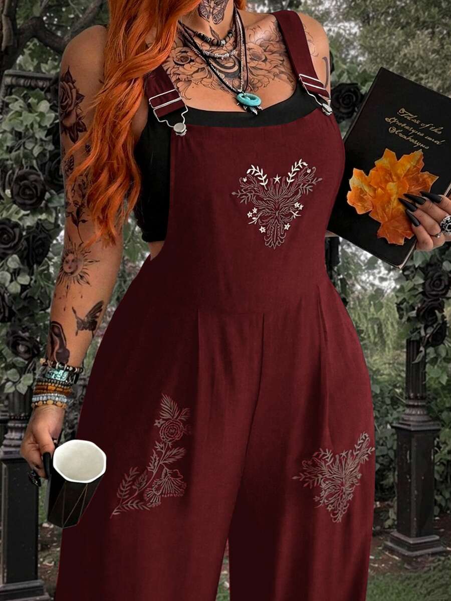 Whyspr Plus Size Wide Leg Floral Print Jumpsuit With Straps, Spring/Summer - Burgundy - View 1