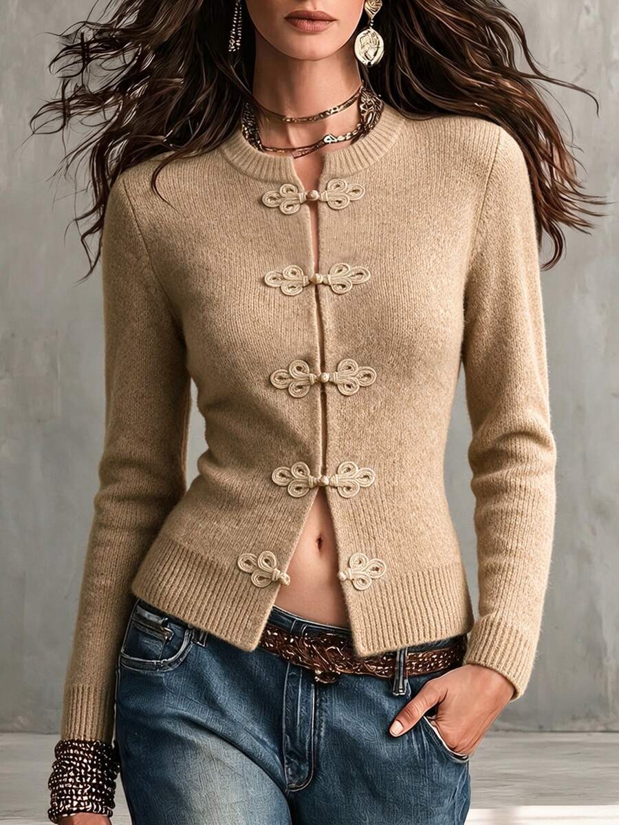 SHEIN 秋季中式風格青蛙鈕扣針織開襟衫女款圓領長袖修身夾克外套 - 杏色 - 查看 1