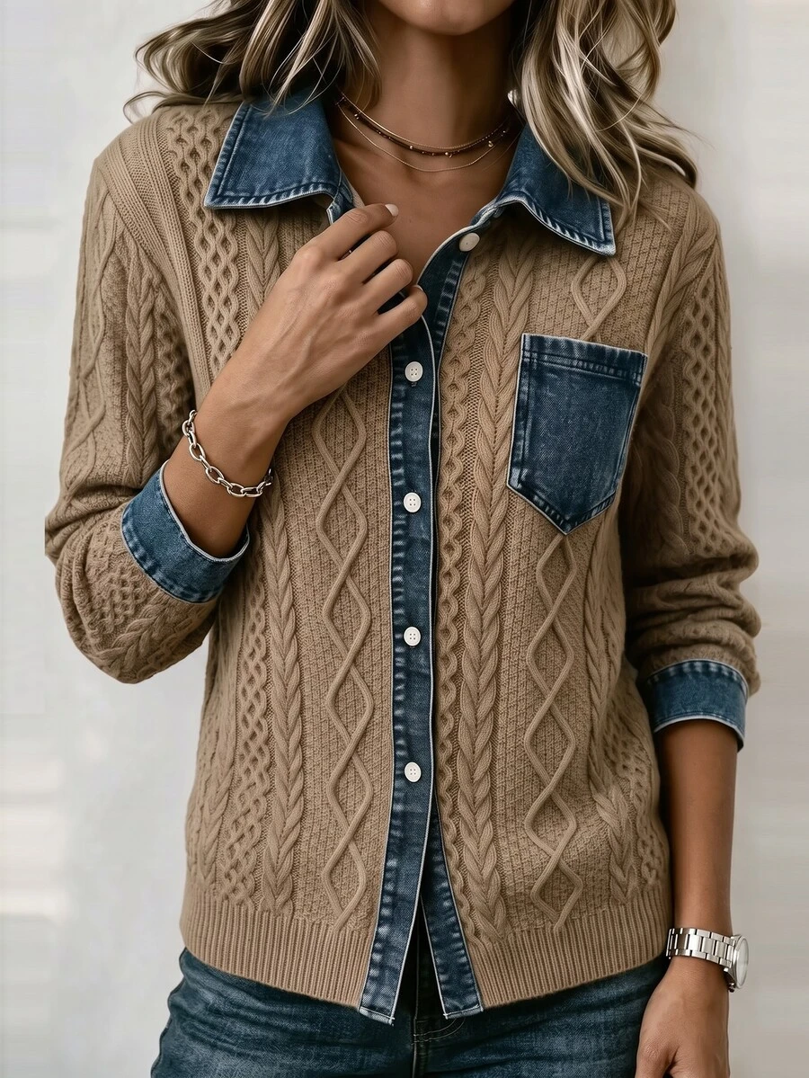 Linhara CURVE Plus Contrast Trim Cable Knit Cardigan Winter - Apricot - View 1