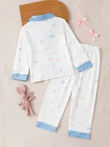 Conjunto de pijama para niñas con estampado de cuadros y gráfico de dibujos animados - Celeste - Ver 2