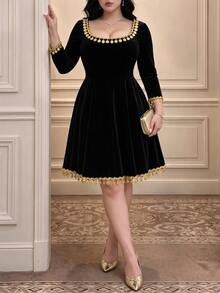 Vibekara Plus Size Round Neck Long Sleeve Gold Sequin Fringe Trim Contrast Color Elegant Vintage Cute Party Cocktail Middle Eastern Mid-Length Velvet Black Evening Dress - Black - View 3