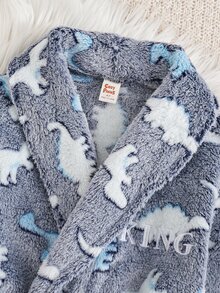 Cozy Pixies Kids Young Boy Casual Daily Comfortable Embroidered Dinosaur Pattern Plush Mid-Length Loungewear Robe - Blue and White - View 3