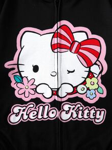 HELLO KITTY AND FRIENDS | SHEIN Jaket Berkerudung dengan Resleting Bergambar Kartun untuk Remaja Perempuan - Hitam - View 5