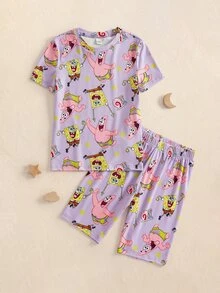 SpongeBob SquarePants | SHEIN Tween Girls Allover Print Cartoon Round Neck Short Sleeve & Shorts Loungewear Set - Purple - View 1
