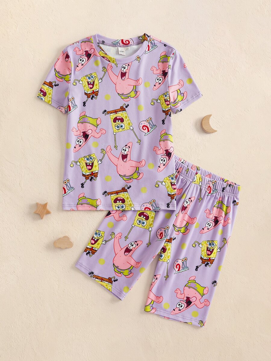 SpongeBob SquarePants | SHEIN Tween Girls Allover Print Cartoon Round Neck Short Sleeve & Shorts Loungewear Set - Purple - View 1