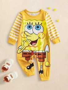 SpongeBob SquarePants | SHEIN Baby Boy Cartoon Pattern Round Neck Casual Daily Long Sleeve One Piece Pants - Yellow - View 1