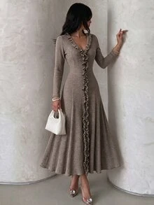 NOVVYNE Women's Knitted Coffee Color V-Neck Ruched Waist Long Sleeve Elegant Romantic Dress - Coffee - View 4