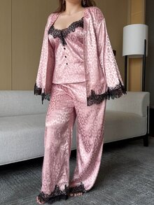 Dazy Plus Elegant Lace Patchwork Camisole Cardigan Top & Pants 3-Piece Set, Spring/Autumn New Loungewear Pajama Set - Dusty Pink - View 5