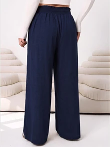 SHEIN CURVE+ 大尺碼女款素色百褶休閒百搭日常穿著長褲 - 藏蓝色 - 查看 2