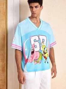 SpongeBob SquarePants | SHEIN Men's Cartoon Graphic Casual Daily Wear T-Shirt - Sky Blue - View 4