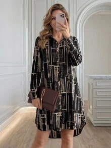 Medorina 女款街頭風條紋印花拼接配色長袖洋裝 - 彩色 - 查看 4