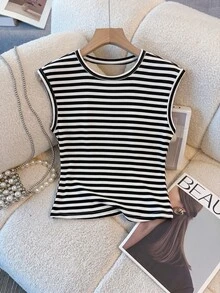 Franclia Women's Striped Colorblock Round Neck Tank Top - Black and White - View 2