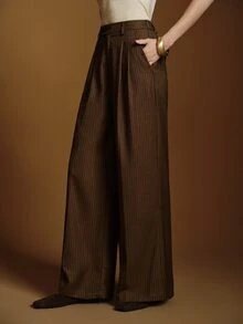 Anewsta Essential Women's Modern Retro Striped Loose Wide Leg Pants, Relaxed Drape Old Money Style Straight Leg Slimming Commute Versatile Casual Long Trousers - Coffee Brown - View 4