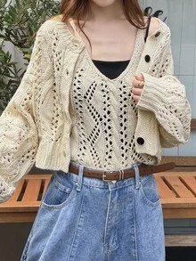 FRIFUL Setelan Sweater Wanita 2 Potong dengan Desain Berongga dan Kancing Satu Baris, Cocok untuk Kencan, Liburan, Pesta, Brunch, Warna Putih Krem untuk Musim Gugur dan Musim Dingin - Khaki - View 8