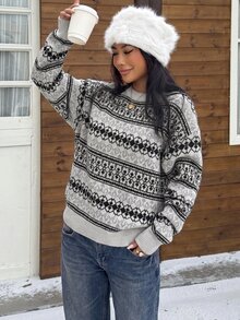 SHEIN EZwear 女款休閒舒適圓領淺灰色與黑色拼接長袖針織衫，秋冬款 - 灰色 - 查看 5