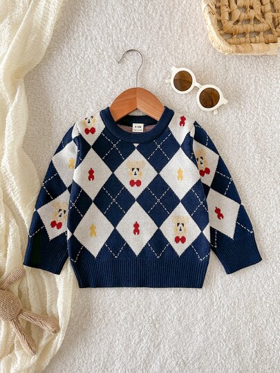 SHEIN Baby Boys Sweaters Casual Outdoor Vacation Green Lion Giraffe Jacquard Pullover Sweater With Shoulder Buttons Knitwear Soft Comfortable Suitable For Daily Wear, Outings, Travel, Vacation, Daycare, Play, Back To School, Spring Autumn Winter