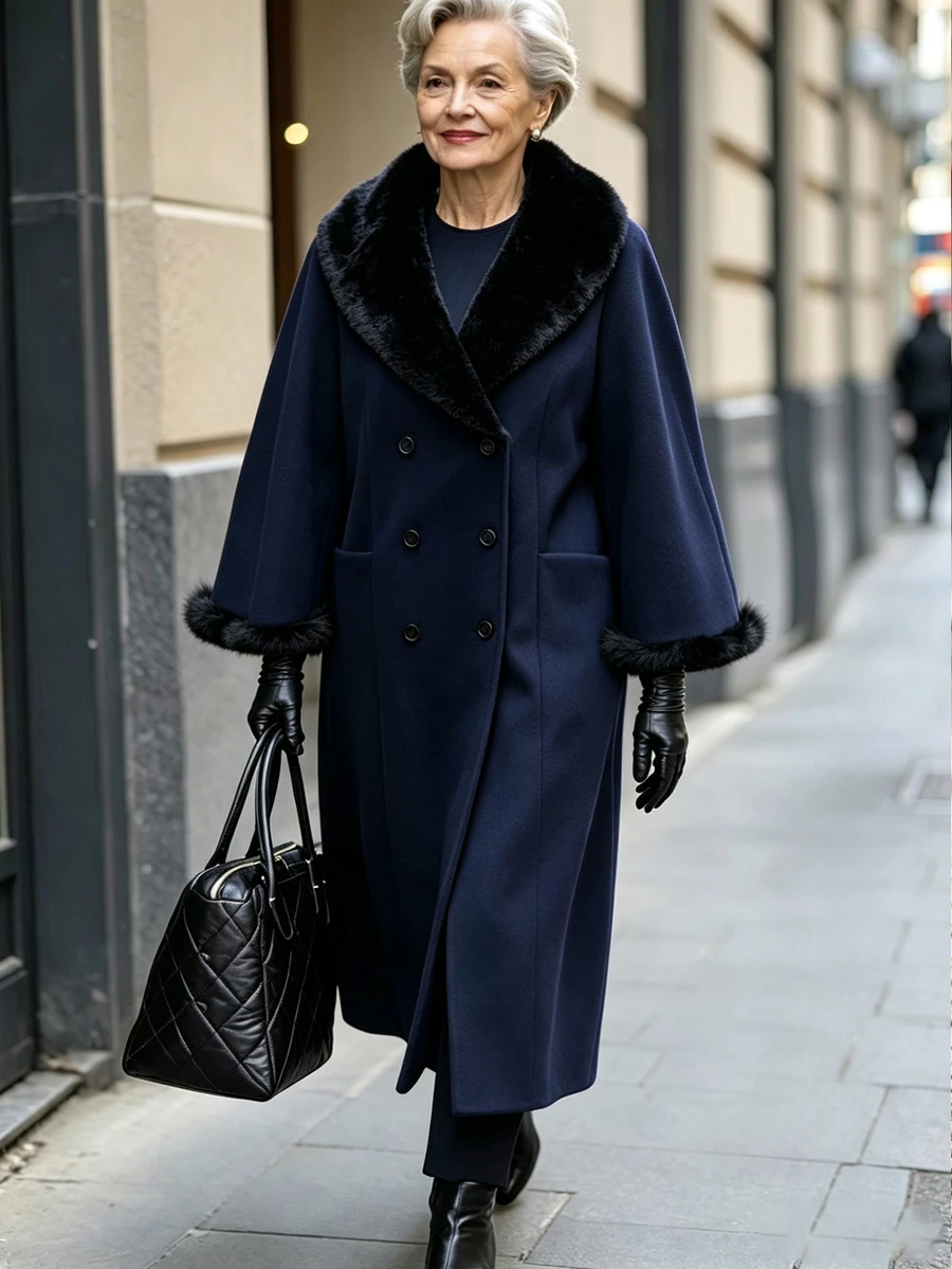 Offisola Women's Elegant Casual Design Overcoat With Large Sleeves, Fur Collar And Cuff Patchwork, Versatile Winter Style For Daily Commute, Street Photography, Banquet Party, Friend Gathering - Blue - View 1