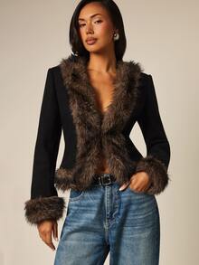 COSMINA Women's Long Sleeve Autumn/Winter Faux Fur Trim Jacket - Multicolor - View 3