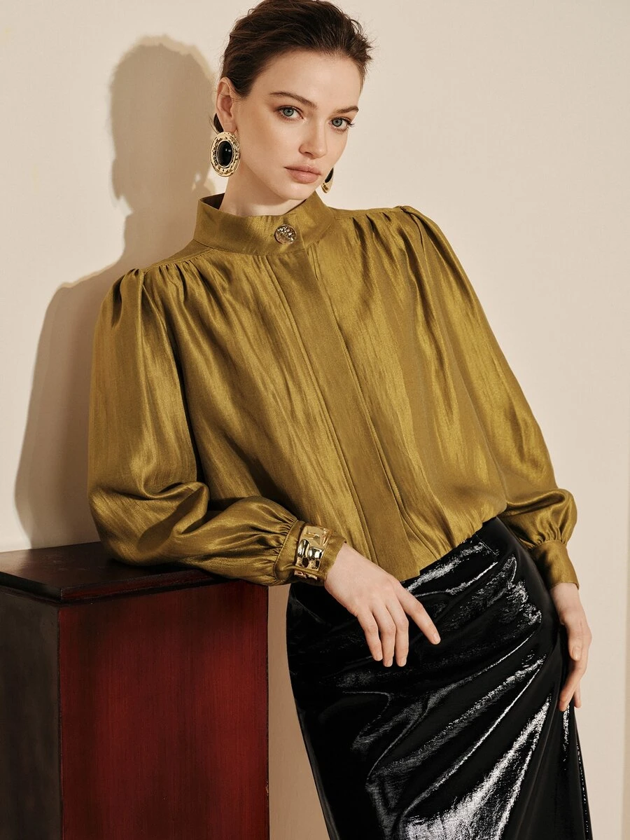 Arave Women's Blouse Puff Sleeve Loose Pleated Metallic Texture Retro Stand Collar Gold Button Puff Shoulder Hidden Placket Elegant Gold Blouse Commuting - Mustard Yellow - View 1