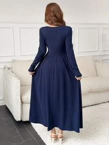 Feyla New French Style V-Neck Knit Base Layer Slimming Waist-Defining Long Dress - Navy Blue - View 7