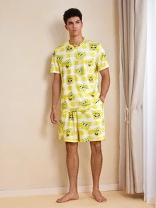SpongeBob SquarePants | SHEIN Men's Cartoon Print Short Sleeve Top And Shorts Casual Daily Home Wear Set - Yellow - View 4
