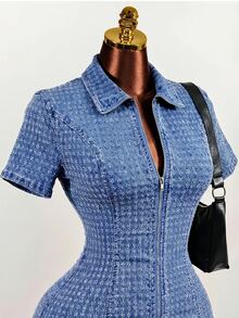 Slaydiva Plus Size Women's Collared Short Sleeve Zipper Denim Mini Dress - Blue - View 3