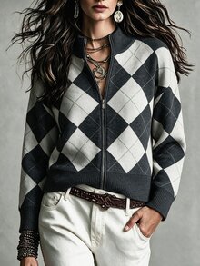 SHEIN 女款格紋長袖立領拉鍊針織開襟衫，適合秋冬穿著 - 彩色 - 查看 5