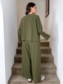 Easowa Curve Women's Plus Size Long Sleeve Loose Casual 2 Pieces Set - Army Green - View 2