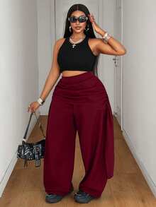 Maweii Women's Plus Size Vacation Ruched Waist Patchwork High Waist Wide Leg Pants Fall - Burgundy - View 6