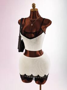Amplova Autumn/Winter Party Home Daily Date Lace Patchwork Knit Vest Mini Skirt Knit Set - Apricot - View 4