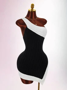 Amplova Women's Cold Shoulder Two-Tone Asymmetrical Hem Sweater Dress - Black and White - View 6
