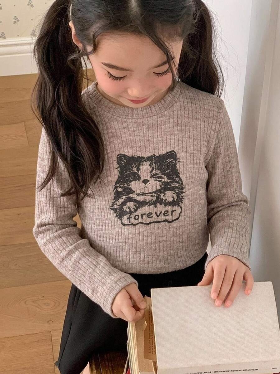 Dazy Kids 青少年女孩圓領長袖針織貓咪與字母圖案印花T恤 - 卡其色 - 查看 1